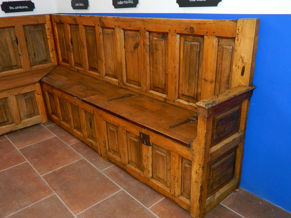 Antique L-shaped paneled Castilian choir corner bench, pine, walnut and poplar