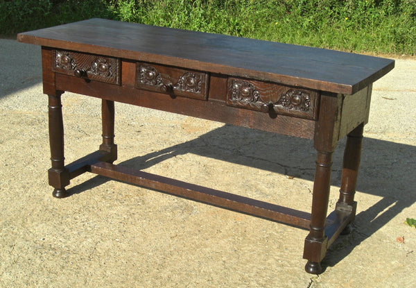 Antique three-drawer mast leg library table, oak and chestnut