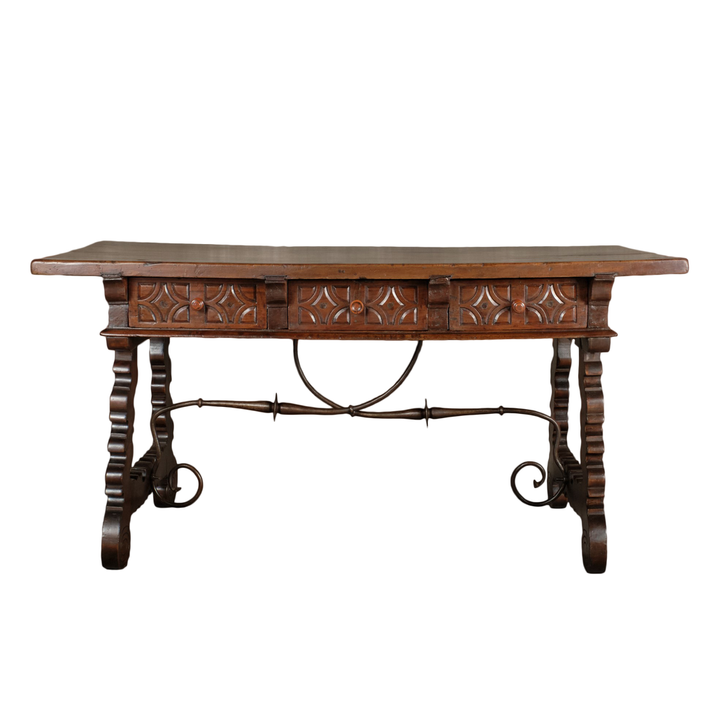 Carved antique 3 drawer lyre leg library table, walnut and oak