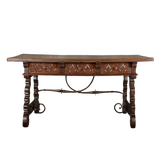 Carved antique 3 drawer lyre leg library table, walnut and oak
