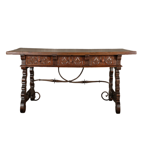 Carved antique 3 drawer lyre leg library table, walnut and oak