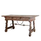 Carved antique 3 drawer lyre leg library table, walnut and oak