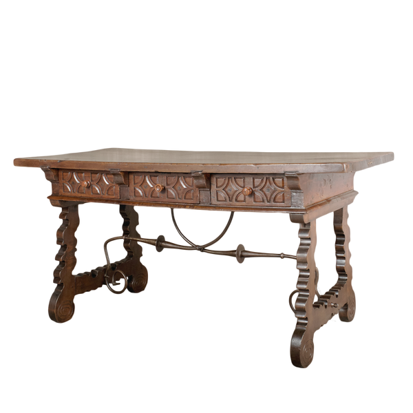 Carved antique 3 drawer lyre leg library table, walnut and oak