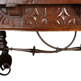 Carved antique 3 drawer lyre leg library table, walnut and oak