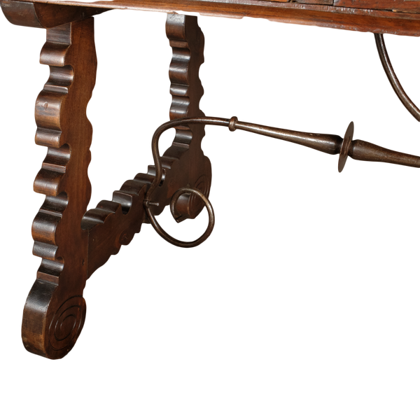 Carved antique 3 drawer lyre leg library table, walnut and oak