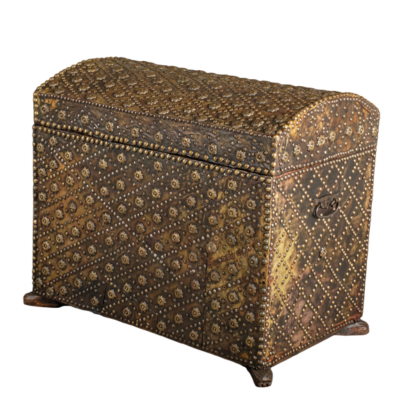 Antique studded leather travel trunk