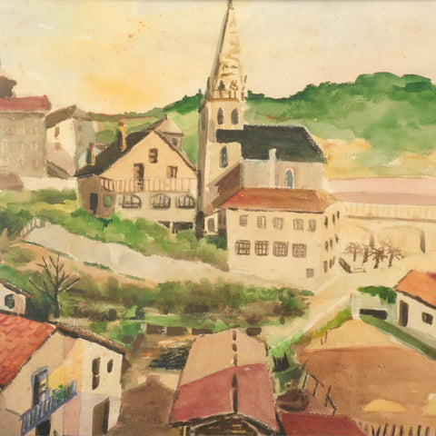 Antique framed water color, “French Basque Village”