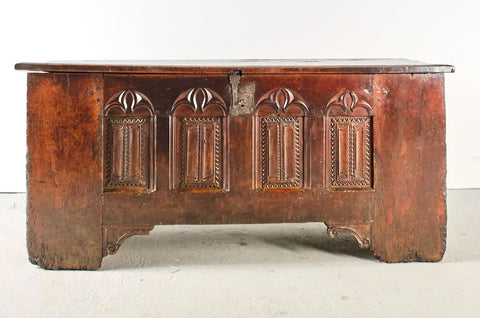 Antique carved linen fold Gothic chest, walnut and chestnut
