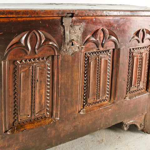 Antique carved linen fold Gothic chest, walnut and chestnut