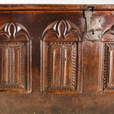 Antique carved linen fold Gothic chest, walnut and chestnut