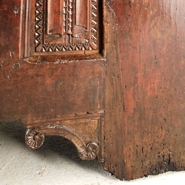 Antique carved linen fold Gothic chest, walnut and chestnut