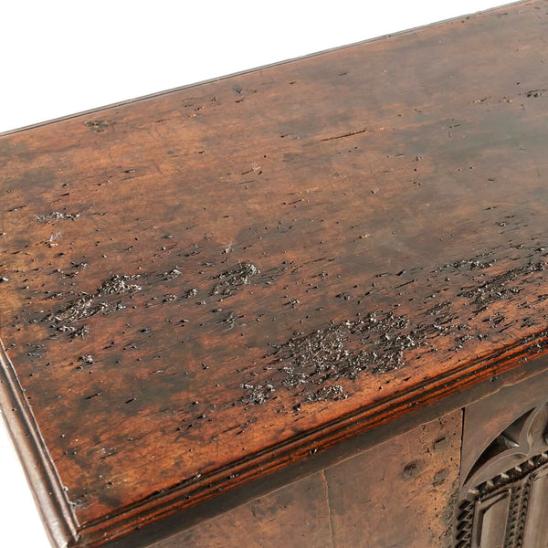 Antique carved linen fold Gothic chest, walnut and chestnut