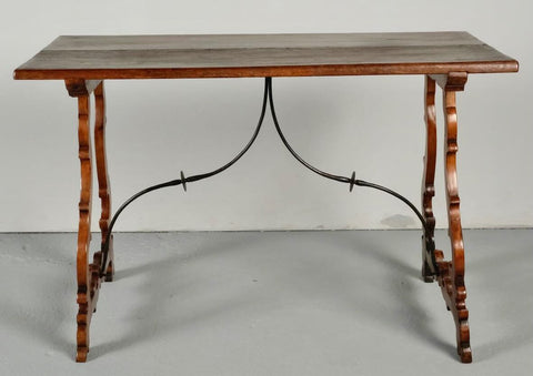 Antique walnut lyre leg writing table with iron stretchers
