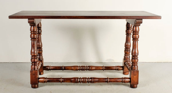 Antique turned leg writing table with floor stretchers, chestnut