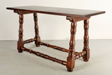 Antique turned leg writing table with floor stretchers, chestnut