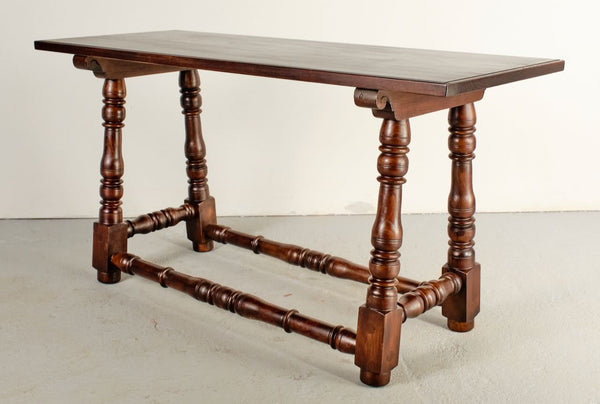 Antique turned leg writing table with floor stretchers, chestnut