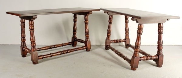 Antique turned leg writing table with floor stretchers, chestnut