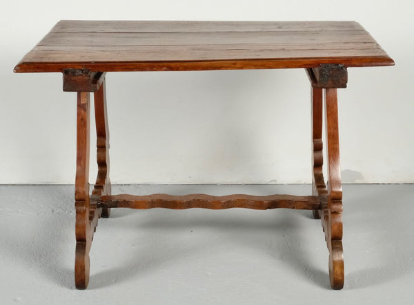 Antique lyre leg accent table with wavy center stretcher, pine