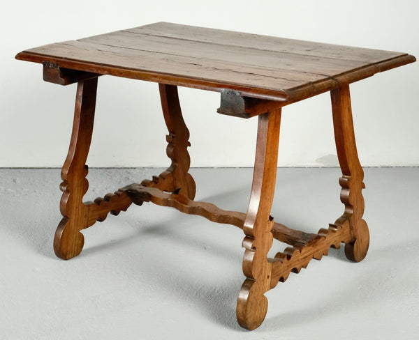 Antique lyre leg accent table with wavy center stretcher, pine