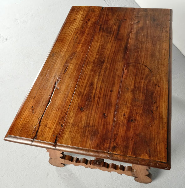 Antique lyre leg accent table with wavy center stretcher, pine