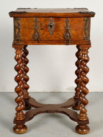 Mixed wood, turned leg antique box table