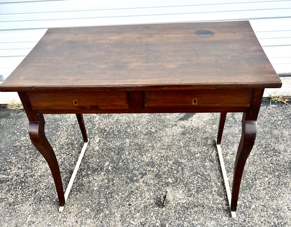 Antique two-drawer cabriole leg writing table, walnut and oak