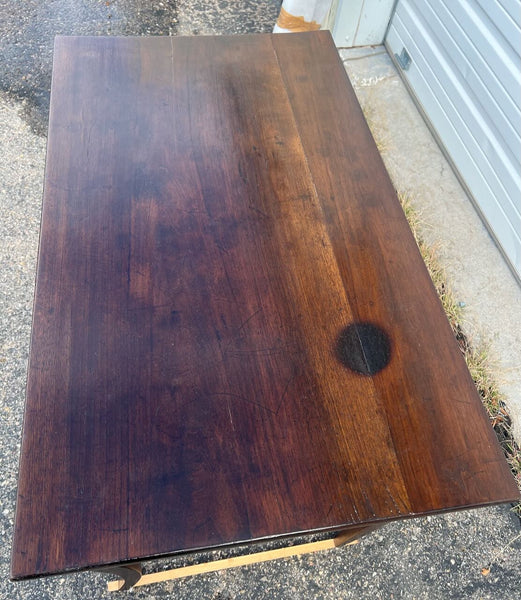 Antique two-drawer cabriole leg writing table, walnut and oak