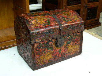 Reproduction Painted and gilt convex top tooled leather Spanish colonial box