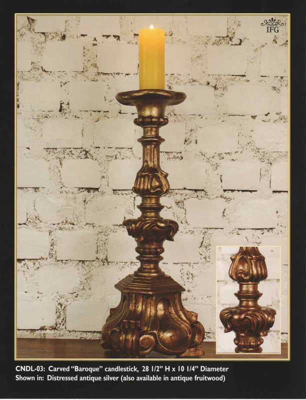 Reproduction Carved and silvered “Baroque” Candlestick, cachimbo hardwood