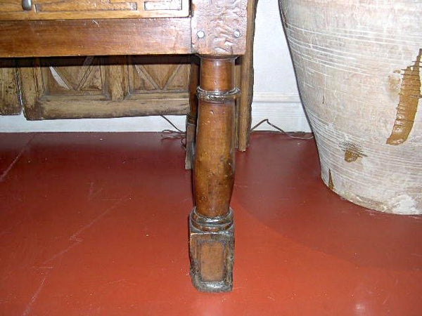 Antique carved two-drawer Castilian library table, walnut and cedar