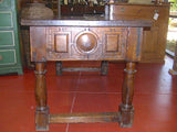 Antique carved two-drawer Castilian library table, walnut and cedar