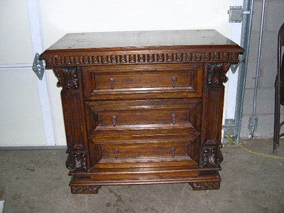 Reproduction three-drawer "Tuscan" nightstand, reclaimed cedar and cachimbo hardwood