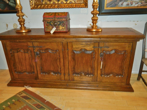 Reproduction carved, painted & gilt Spanish colonial Chippendale bench, cachimbo hardwood