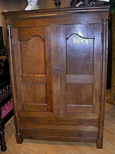 Antique two-door, single-drawer country Empire armoire, oak