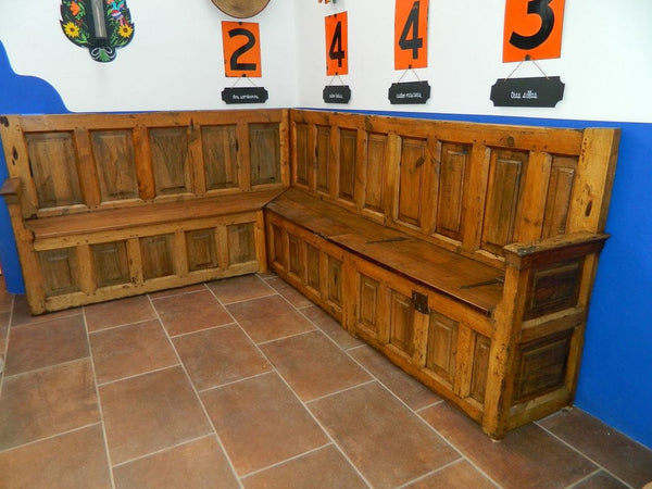 Paneled Castilian choir bench in walnut, pine and poplar