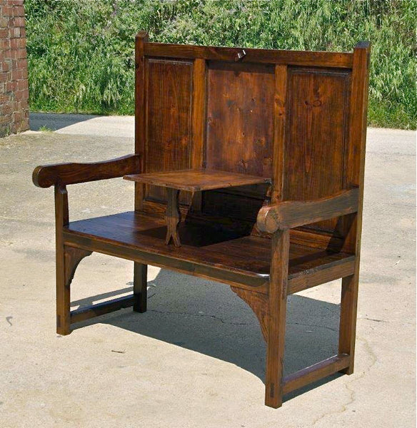 Antique high-back Pyrenees bench with drop-flap table, pine