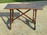 Antique scalloped lyre-leg library table with wooden stretchers, walnut