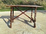 Antique scalloped lyre-leg library table with wooden stretchers, walnut