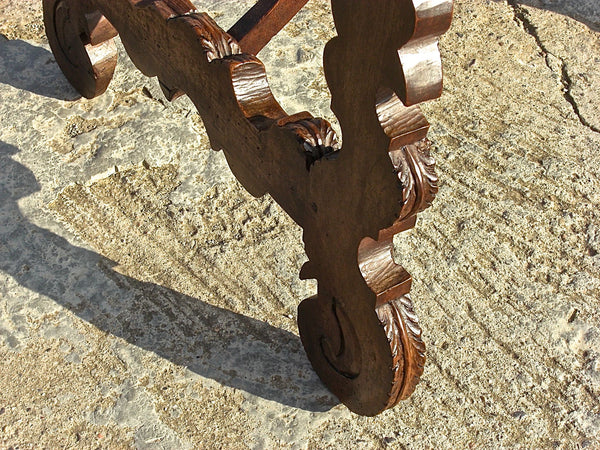 Antique scalloped lyre-leg library table with wooden stretchers, walnut