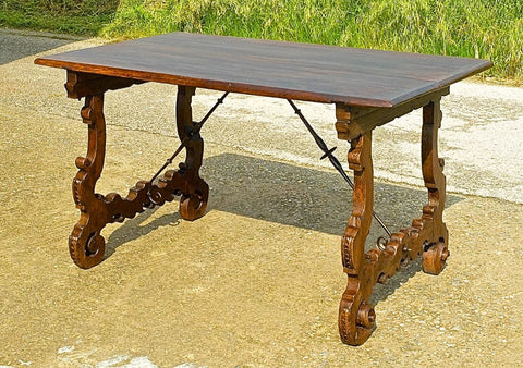 Antique scalloped lyre-leg library table with iron stretchers, walnut