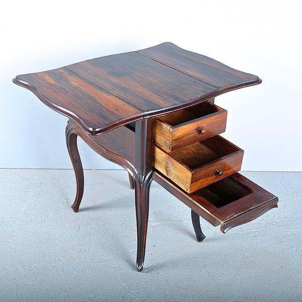 Antique two-drawer drop leaf accent table with cabriole legs, rosewood