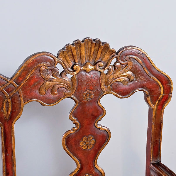 Antique painted and gilt upholstered four-seat Chippendale bench