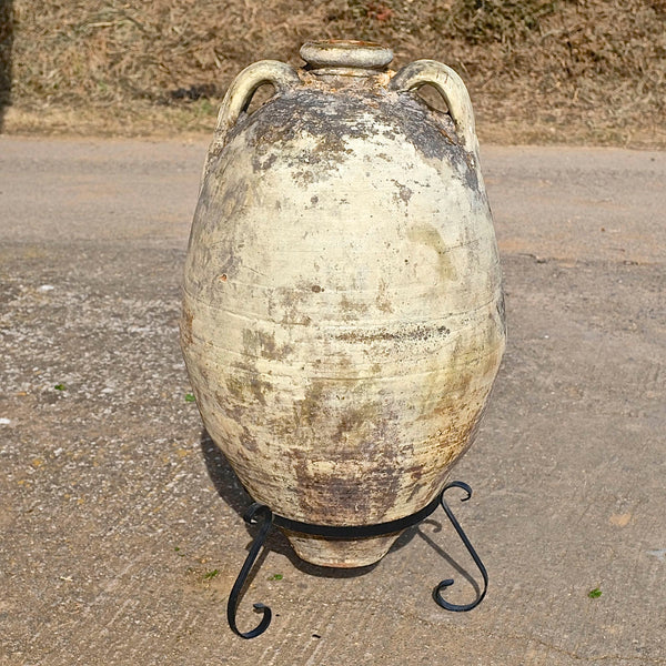 Antique large, two-handle olive oil jar with iron base