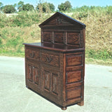 Antique heavily carved one-drawer, two-door sacristy chest, walnut, elm, oak, holm oak