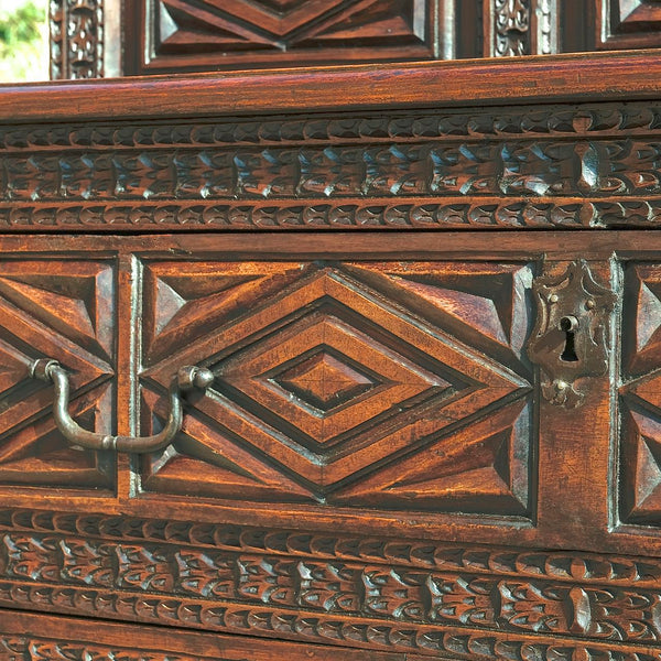 Antique heavily carved one-drawer, two-door sacristy chest, walnut, elm, oak, holm oak