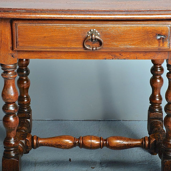 Antique turned leg accent table with drawer, walnut