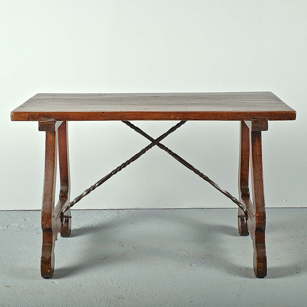 Antique lyre leg writing table with iron stretchers, walnut