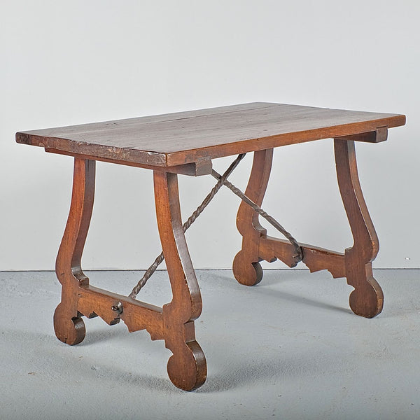 Antique lyre leg writing table with iron stretchers, walnut