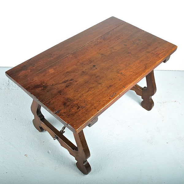 Antique lyre leg writing table with iron stretchers, walnut