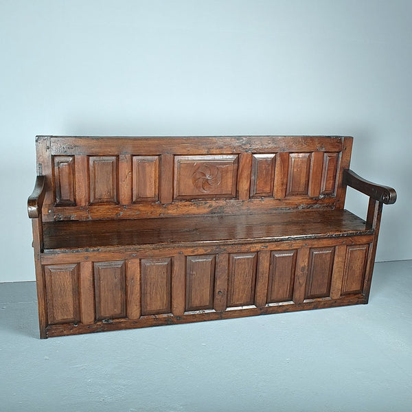 Large antique mixed wood choir bench, oak, elm and walnut
